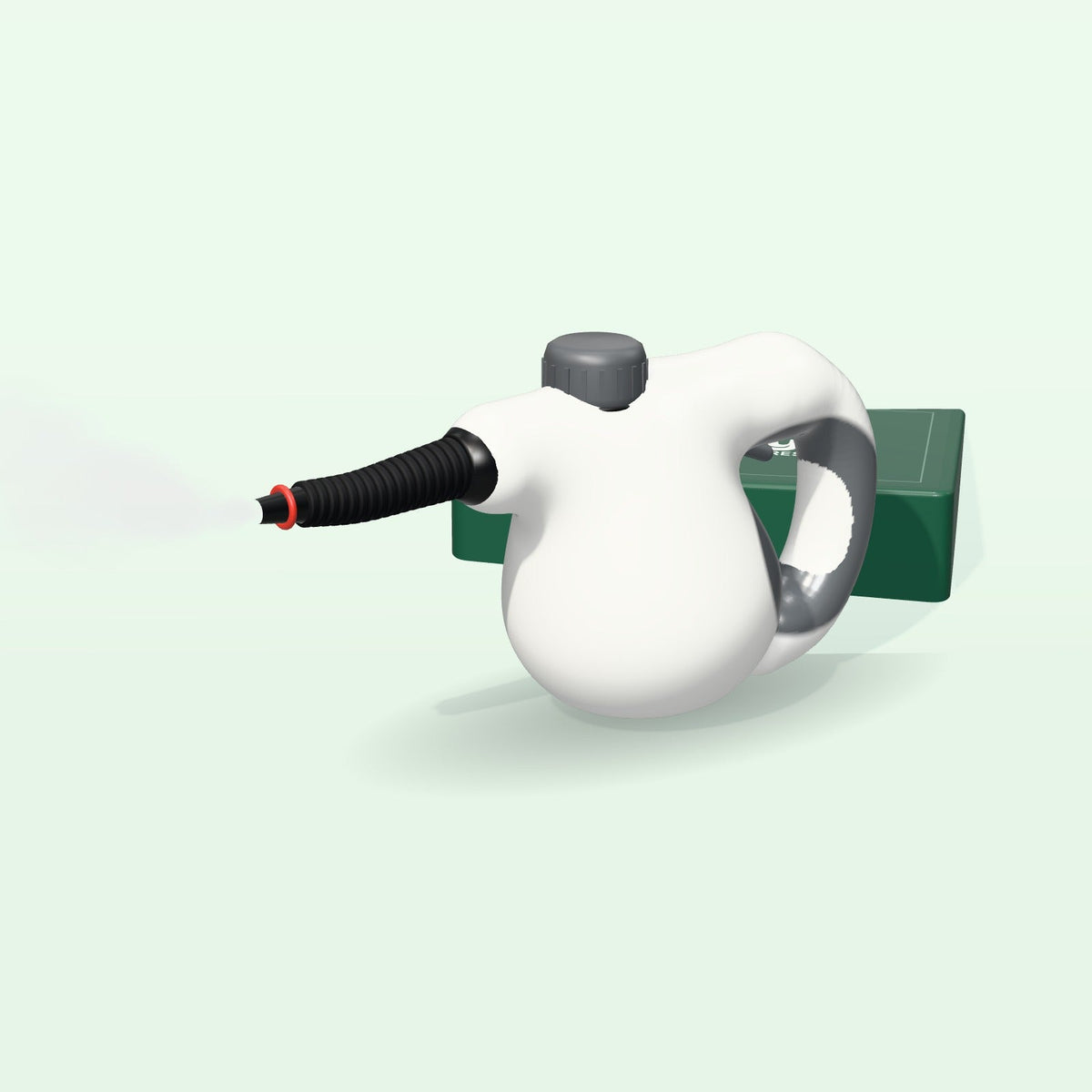Nettoyeur vapeur à main Floaty Max blanc devant le coffret vert du kit 9 accessoires, un filet de vapeur sortant de la buse