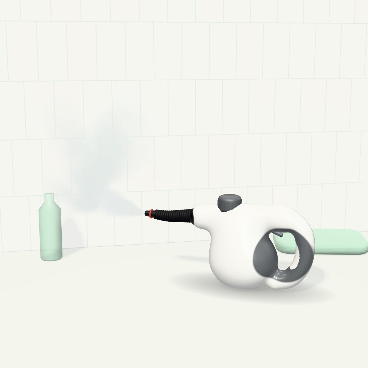 Nettoyeur vapeur Floaty en action : le jet de vapeur est dirigé vers le carrelage d'une salle de bain