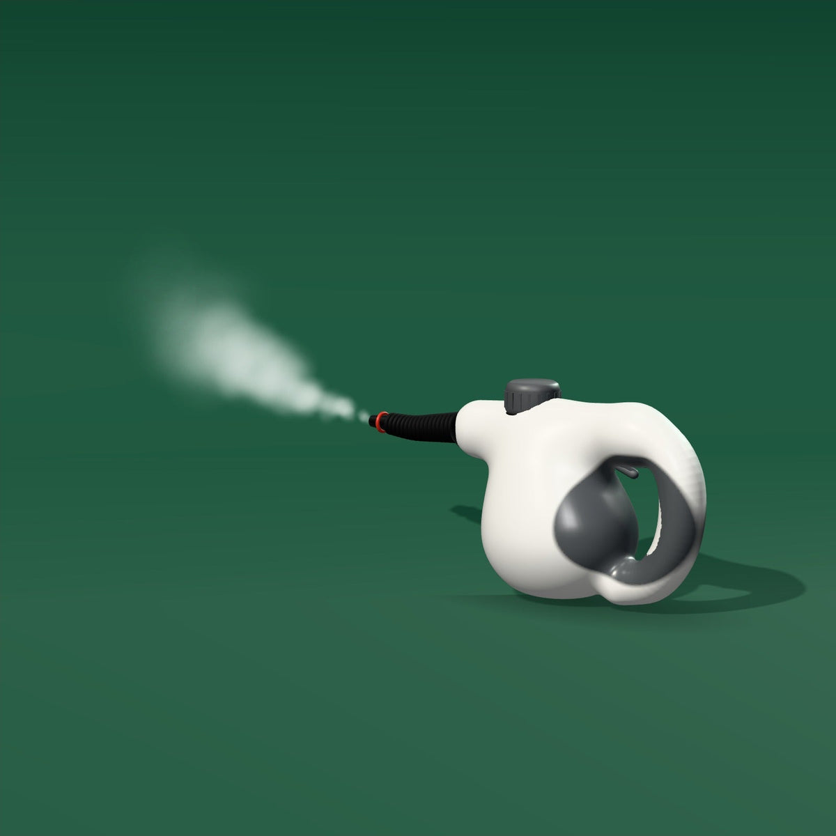 Nettoyeur vapeur Floaty sur fond vert forêt, jet de vapeur visible devant la buse