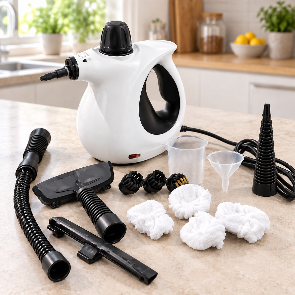 Floaty Max et ses accessoires photographiés sur un plan de travail dans une cuisine lumineuse