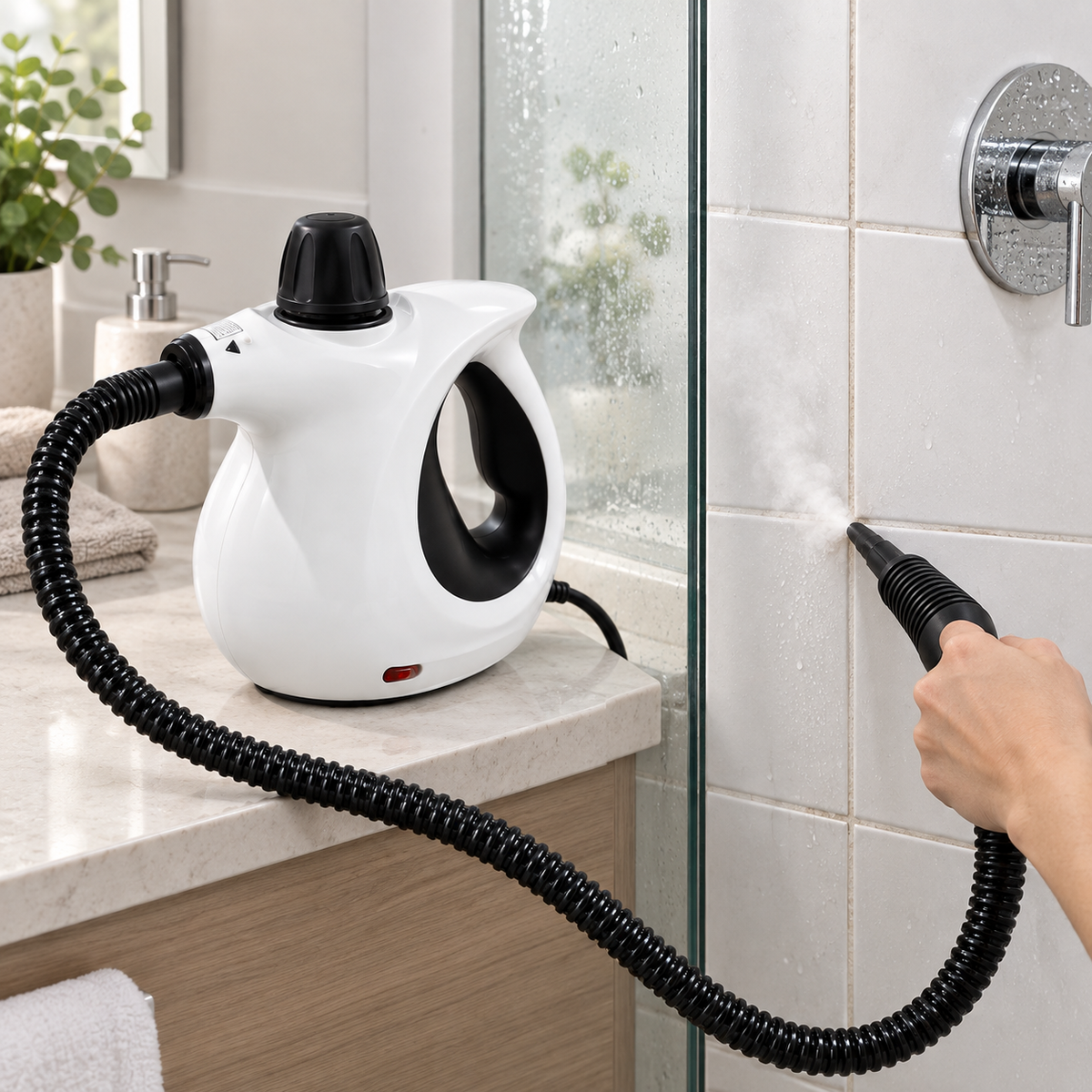 Floaty Max nettoie les joints d’une douche dans une salle de bain réelle
