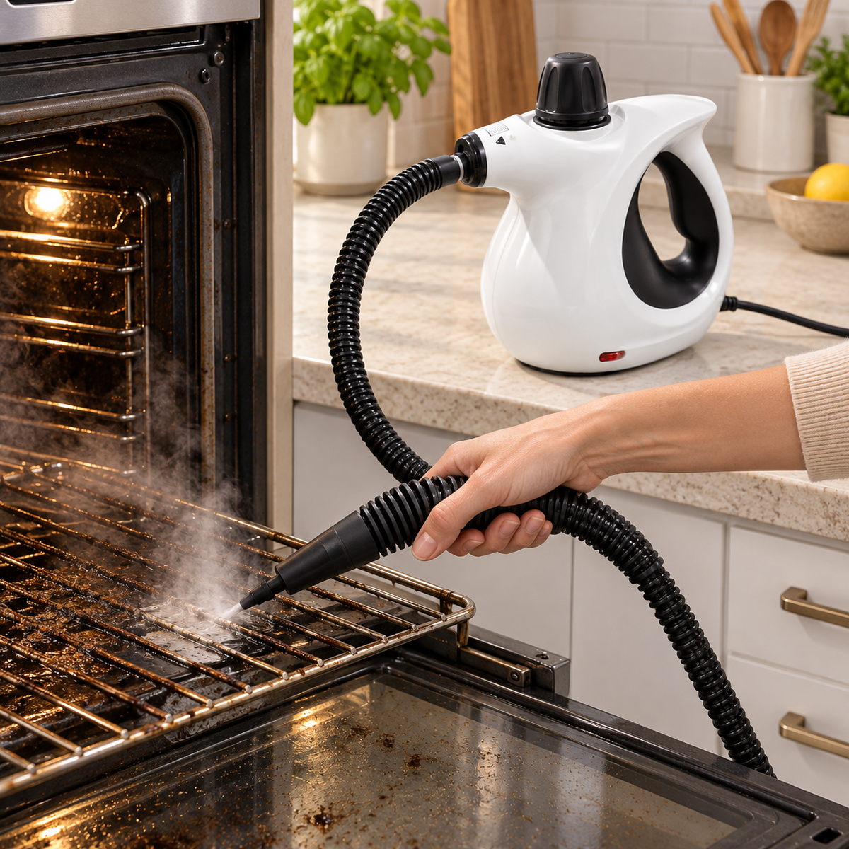 Floaty Max nettoie la grille d’un four encrassé à la vapeur