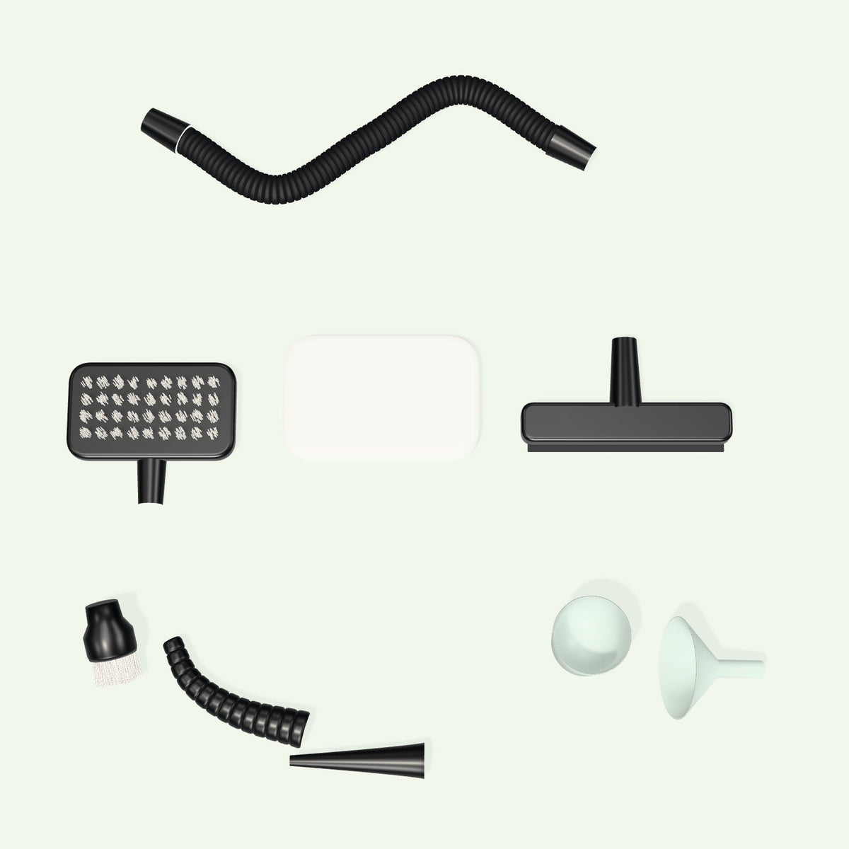 Les 9 pièces du kit Floaty : rallonge flexible, brosse plate, bonnette microfibre, raclette, brosse ronde, buse coudée, buse jet, gobelet doseur et entonnoir